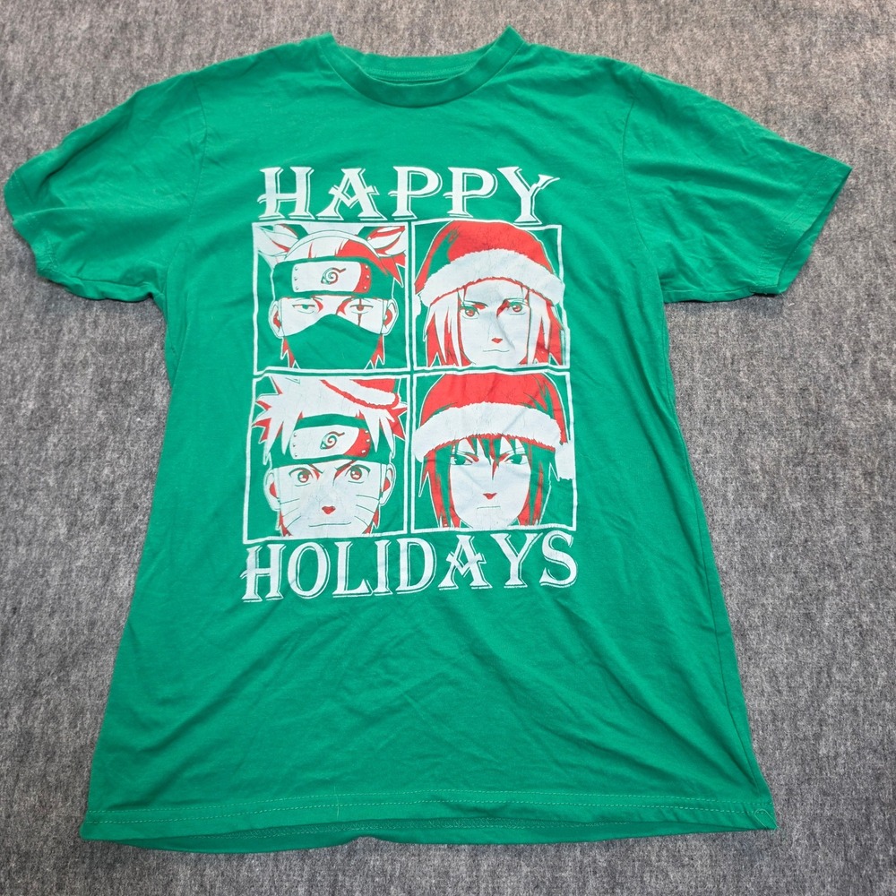 Naruto Shippuden Happy Holidays Green Graphic T-Shirt Team 7 Santa Hats Medium